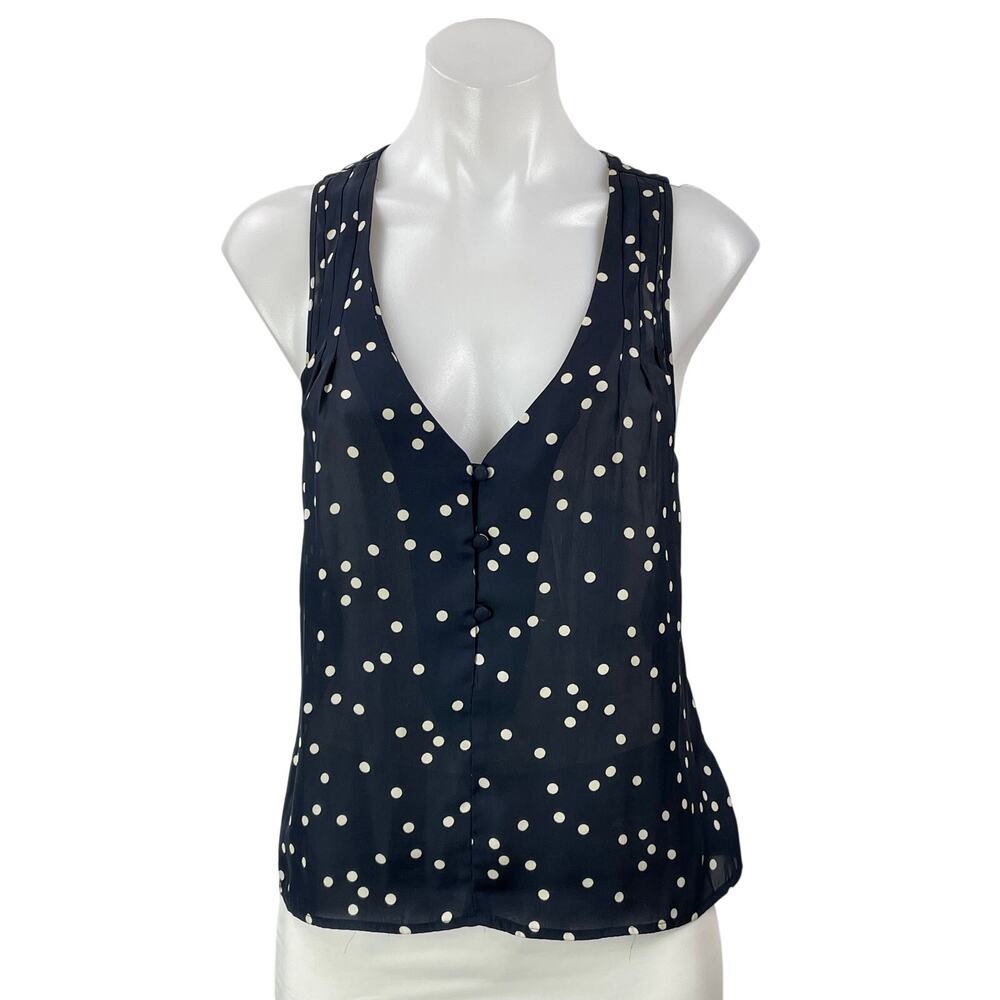 Nom de Plume Navy Blue Polka Dots Deep V Neck Sleeveless Semi Sheer Blouse Top S
